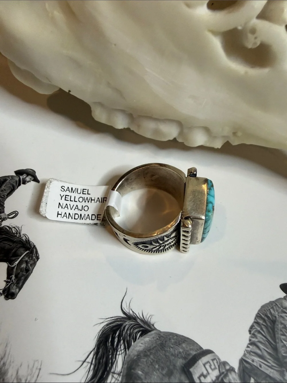 Navajo Web Kingman Sterling Silver Turquoise Ring size 9.5 Samuel Yellowhair